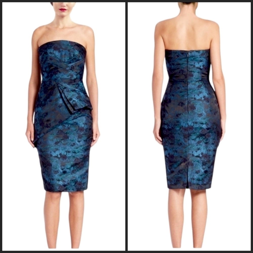 Pamella Roland Teal & Black Jacquard Floral Asymmetric Peplum Ruffle Dress
